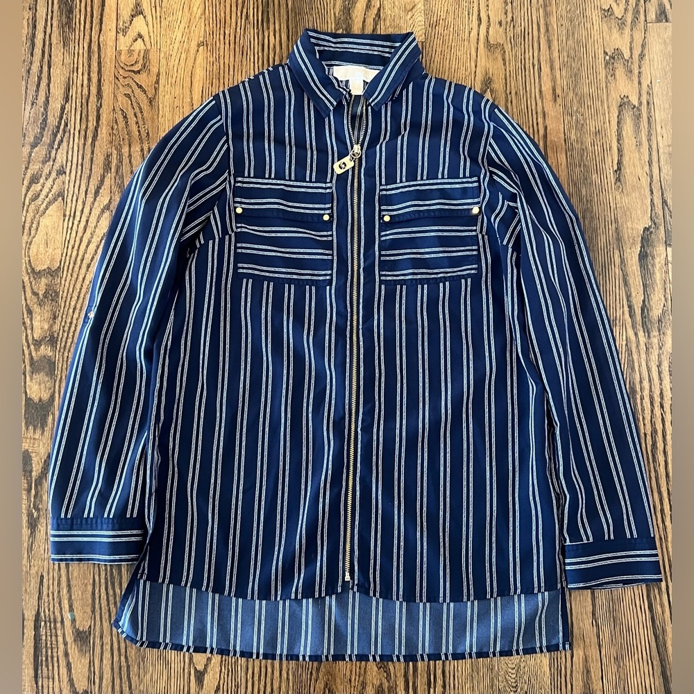 Michael Kors Navy and White Striped Zip-Front Shirt